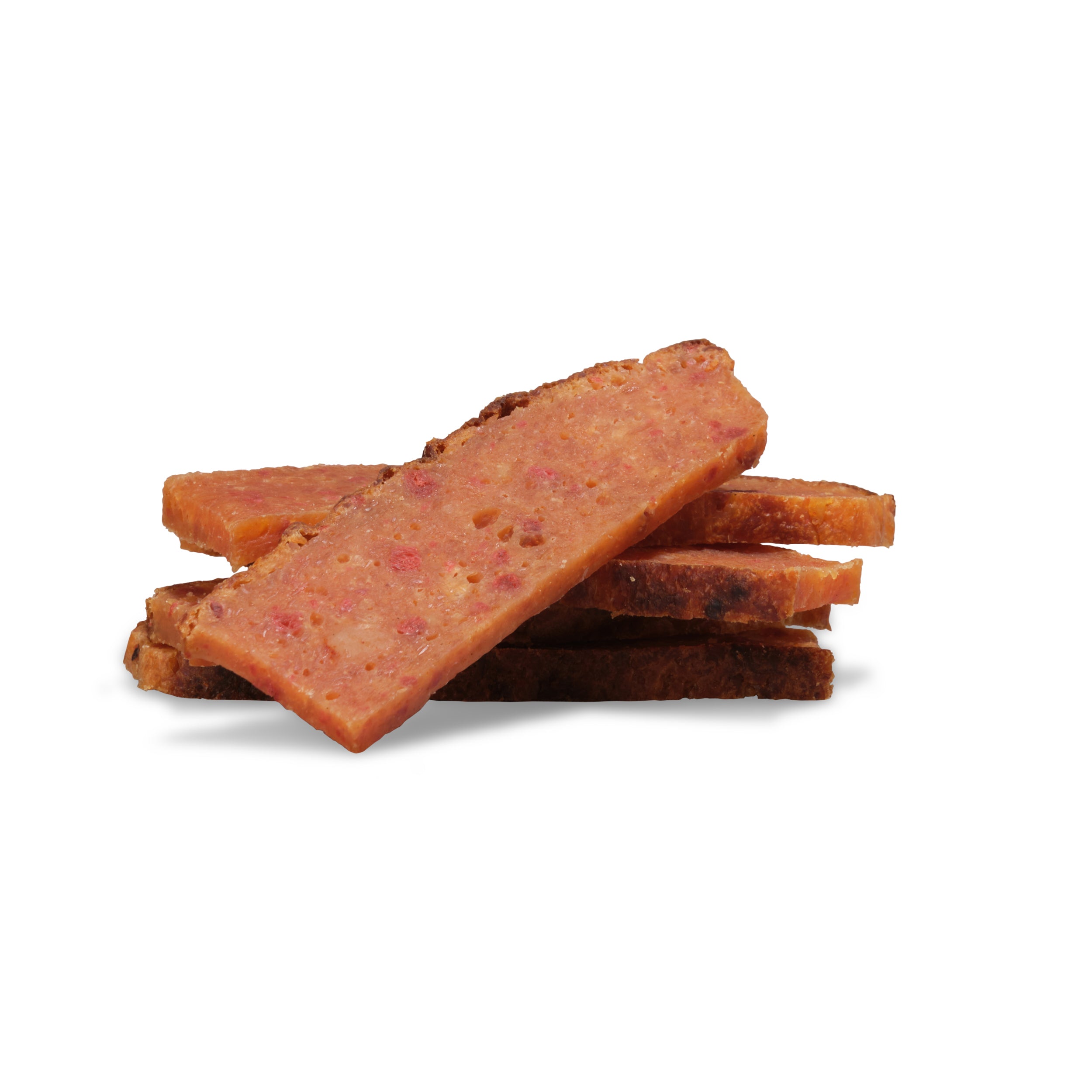 Four rectangular slices resembling Saint Rocco's Treats' Training Treats Bundle are stacked on a white background, featuring a crispy, browned exterior and pink interior—similar to premium dog treats ideal for training sessions.