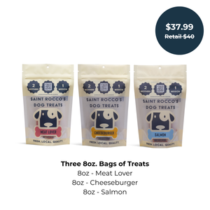 Saint Rocco's Best Sellers pack with three packages made up of  Meat Lover, Cheeseburger, and Salmon treats.