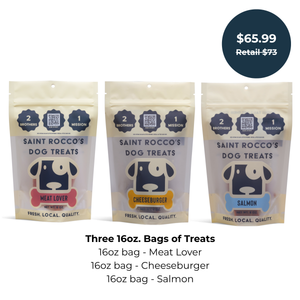 Saint Rocco's Best Sellers pack with three packages made up of  Meat Lover, Cheeseburger, and Salmon treats.