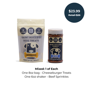 Saint Rocco's Cheeseburger dog treats partnered with the Beef sprinkles (meal-toppers) with price.