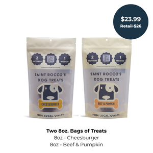 Two packages of Saint Rocco's Beef Treats, Cheeseburger and Beef and Pumpkin bundled together with pricing.