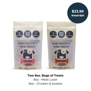 Two packages of Saint Rocco's Chicken Treats, Meat Lovers and Chicken and Sweets bundled together with pricing.