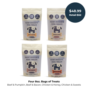 Saint Rocco's Specialty pack made up of four specialty flavors Beef & Pumpkin, Chicken & Honey, Beef & Bacon and Chicken & Sweets treats with pricing.