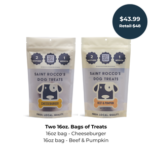 Two packages of Saint Rocco's Beef Treats, Cheeseburger and Beef and Pumpkin bundled together with pricing.