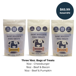 Three packages of Saint Rocco's Beef Treats, 1 Cheeseburger, 1 Beef & Bacon, 1 Beef & Pumpkin bundled together with pricing.