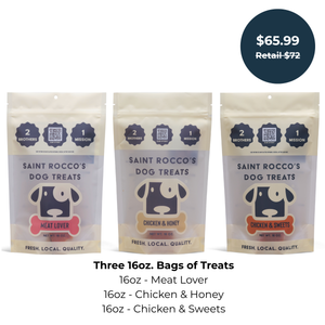 Three packages of Saint Rocco's Chicken Treats, 1 Meat Lovers, 1 Chicken & Honey and 1 Chicken & Sweets bundled together with pricing.