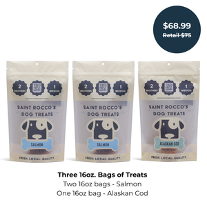 Three packages of Saint Rocco's Fish Treats, 2 Alaskan Salmon and 1 Alaskan Cod bundled together with pricing.