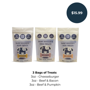Saint Rocco's Welcome Bundle Beef pack with three packages of treats, 1 Cheeseburger, 1 Beef & Bacon and 1 Beef & Pumpkin bundled together.