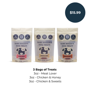 Saint Rocco's Welcome Bundle Chicken pack with three packages of treats, 1 Meat-Lovers, 1 Chicken & Honey and 1 Chicken & Sweets bundled together.