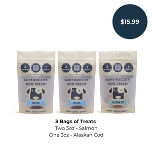 Saint Rocco's Welcome Bundle Fish pack with three packages of treats, 2 Alaskan Salmon and 1 Alaskan Cod bundled together.