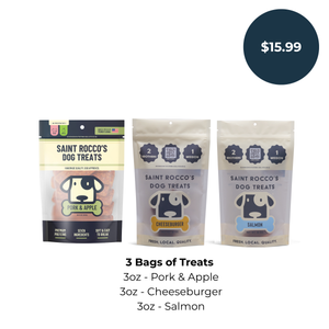 Saint Rocco's Welcome Bundle variety pack with three packages of treats, 1 Pork & Apple, 1 Cheeseburger, and 1 Salmon bundled together.