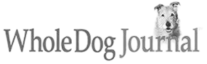 Whole Dog Journal logo with the text Whole Dog Journal in large font and an illustration of a dog’s head appearing above the r in Journal.