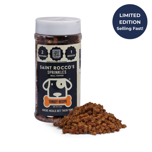 A container of Saint Rocco's Treats Turkey Sprinkles sits behind a small pile of the tasty topper, with a blue badge at the top right stating: LIMITED EDITION Selling Fast!.