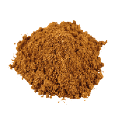 A small pile of brown, finely ground powder, resembling a common kitchen spice, on a plain white background.