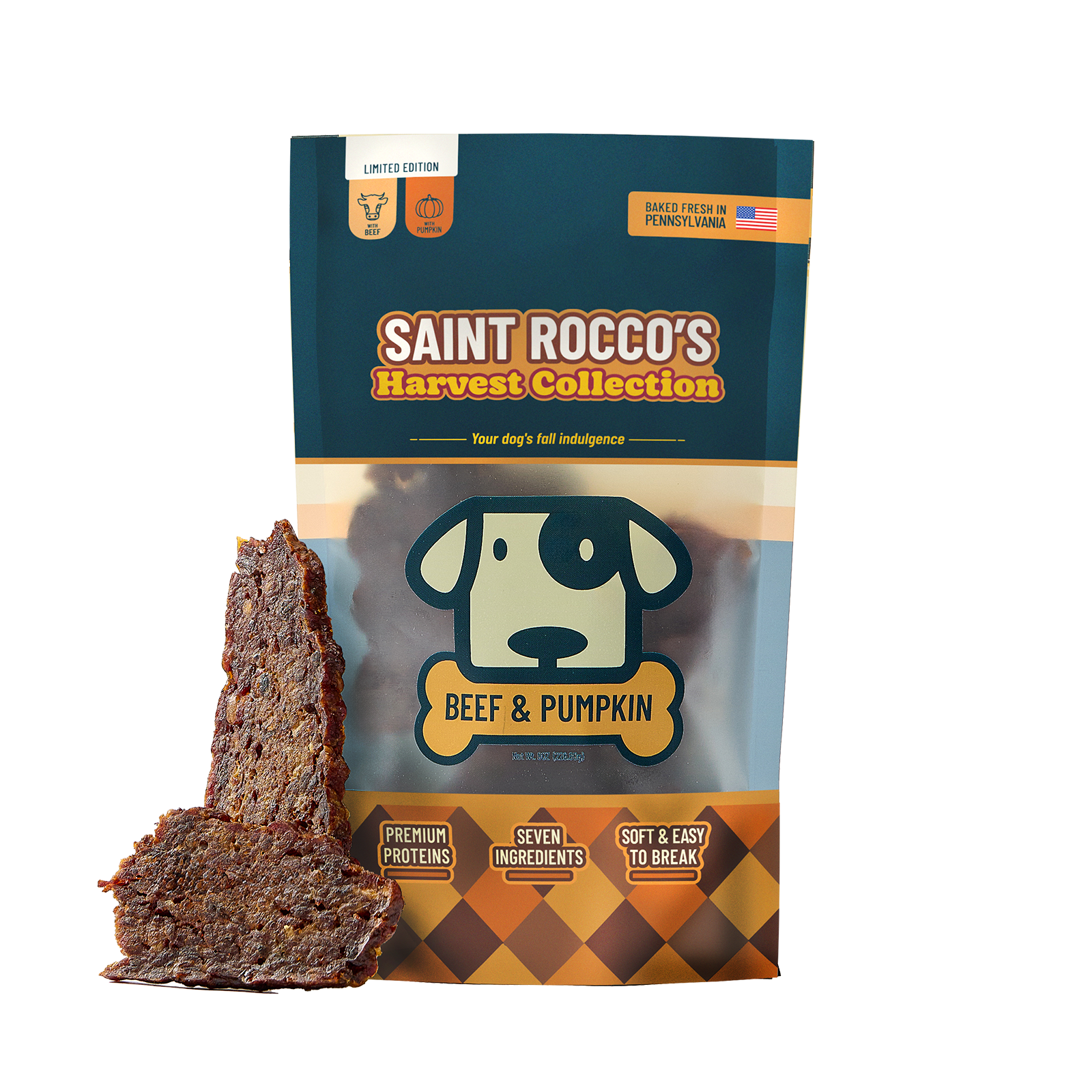 A bag of Saint Rocco's Harvest Collection Beef & Pumpkin dog treats stands on a white background with two pieces of the treat leaning against the lower left of the package. The bag is dark teal and brown with a cartoon dog head logo and text highlighting limited edition pumpkin beef treats.