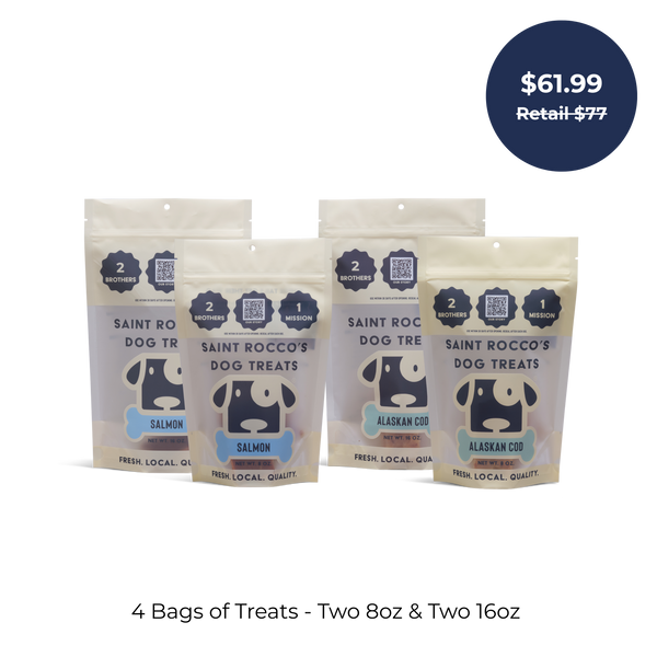 Saint Rocco’s Treats Seafood Sampler Bundle: 4 bags—two 8oz & two 16oz—in salmon and cod flavors. Price bubble at top right: $61.99 (retail $77). Below: "4 Bags of Treats - Two 8oz & Two 16oz.