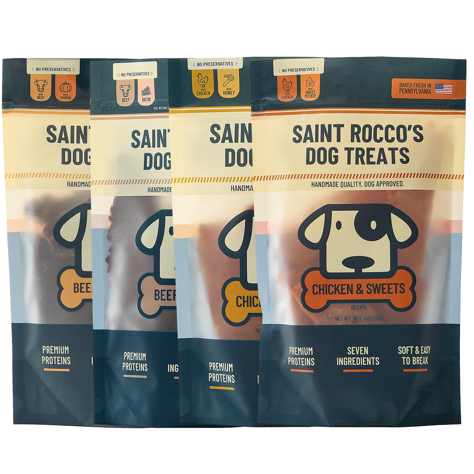 Saint Rocco's specialty bundle of 16oz beef & bacon, beef & pumpkin, chicken & sweet potato and chicken & honey bundled together.