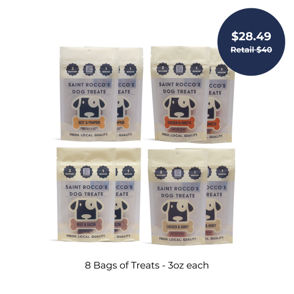 Eight bags (3oz each) of Saint Rocco’s Treats Specialty Bundle are displayed. A blue circle reads, “$28.49 Retail $40.”.