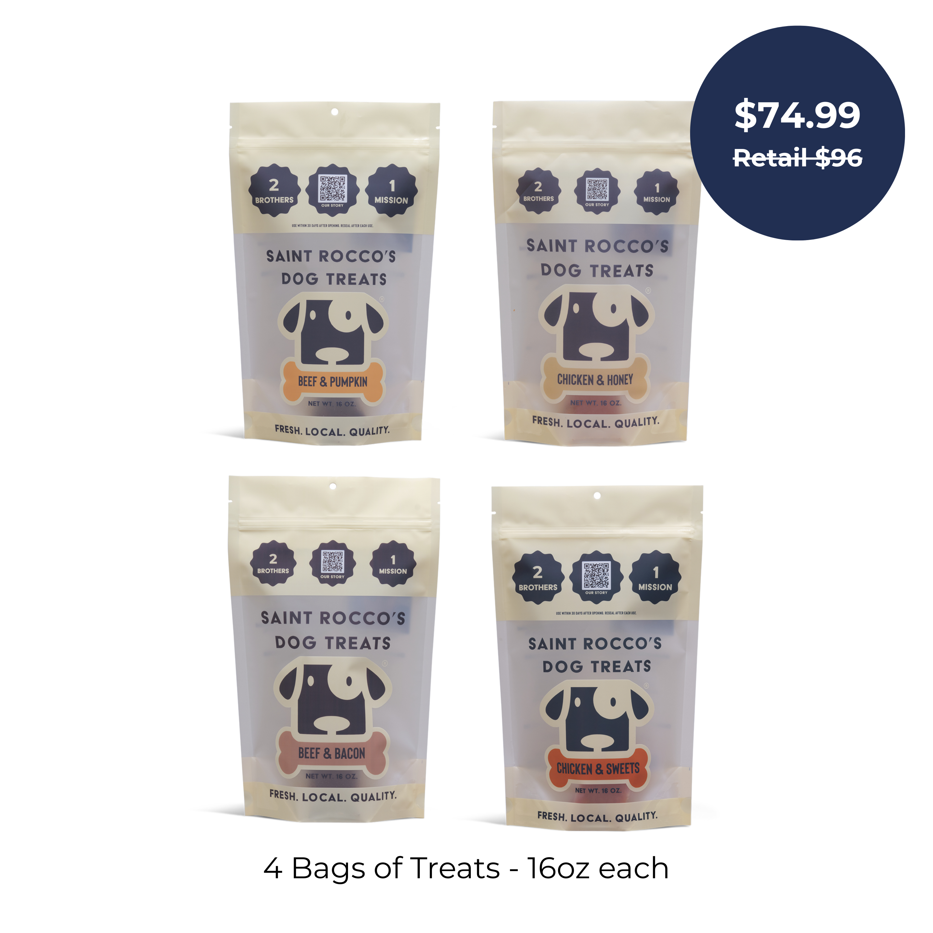 Four 16oz bags of Saint Rocco’s Treats are displayed as the Specialty Treats Bundle. A blue circle shows $74.99 (retail $96). Text reads: “4 Bags of Treats - 16oz each.”.