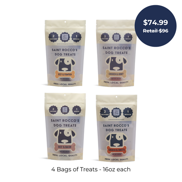 Four 16oz bags of Saint Rocco's Treats Specialty Bundle in assorted flavors are shown. A blue circle highlights the sale price of $74.99, reduced from the original $96 retail price.