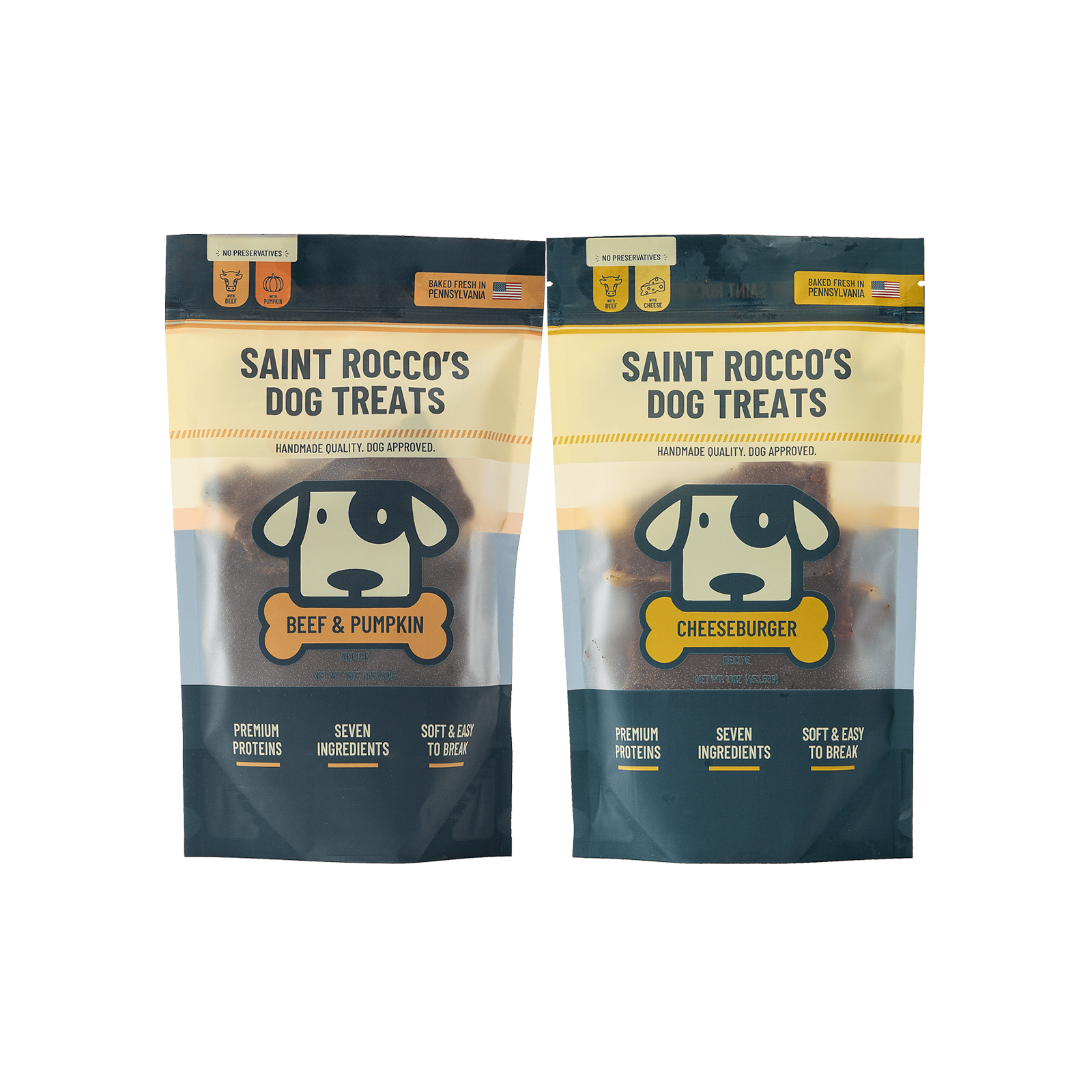 Bundle of Saint Rocco's Beef & Romano cheese and beef & pumpkin 16oz bag treats.