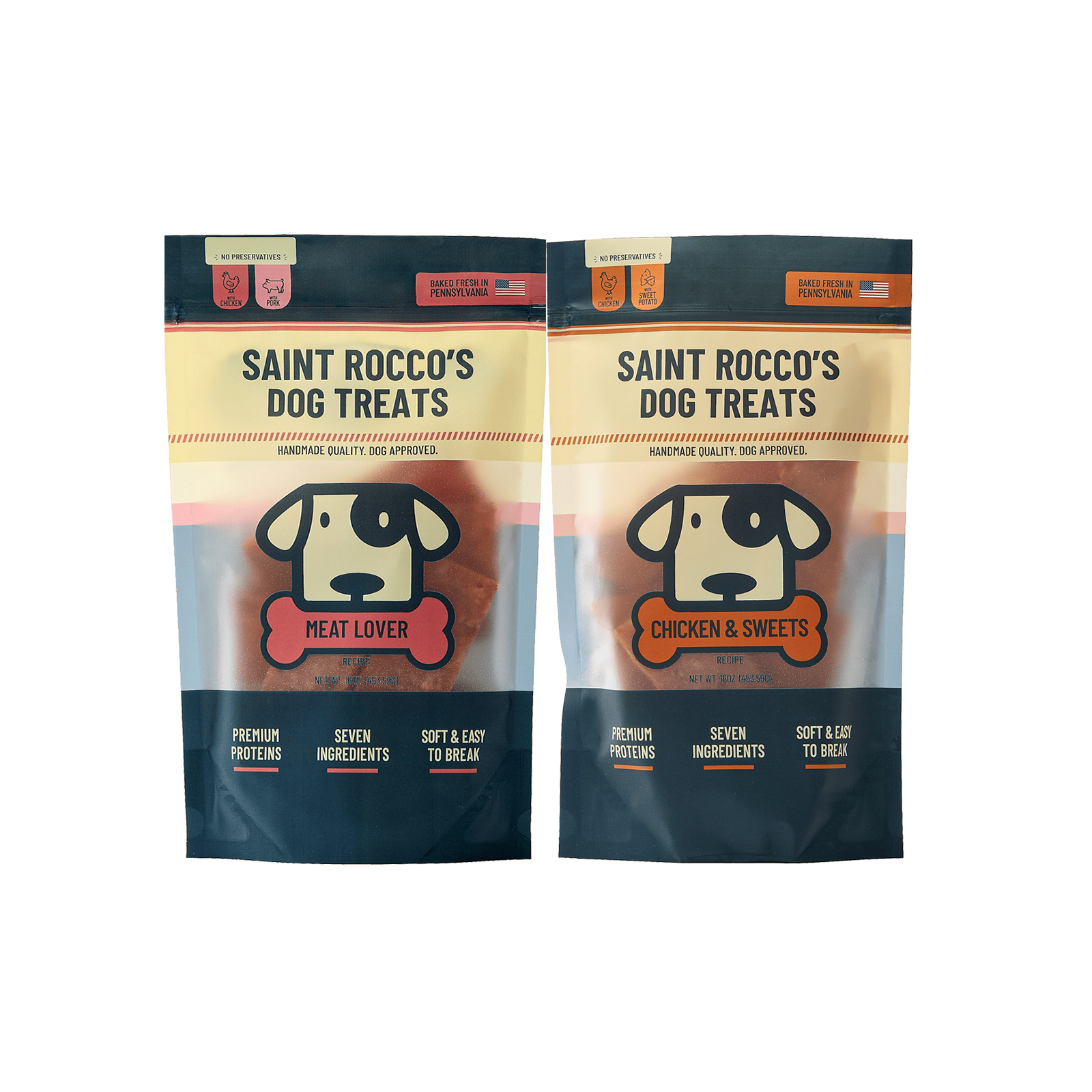Bundle of Saint Rocco's chicken & bacon and Chicken & Sweet Potato 16oz bag treats as a bundle.