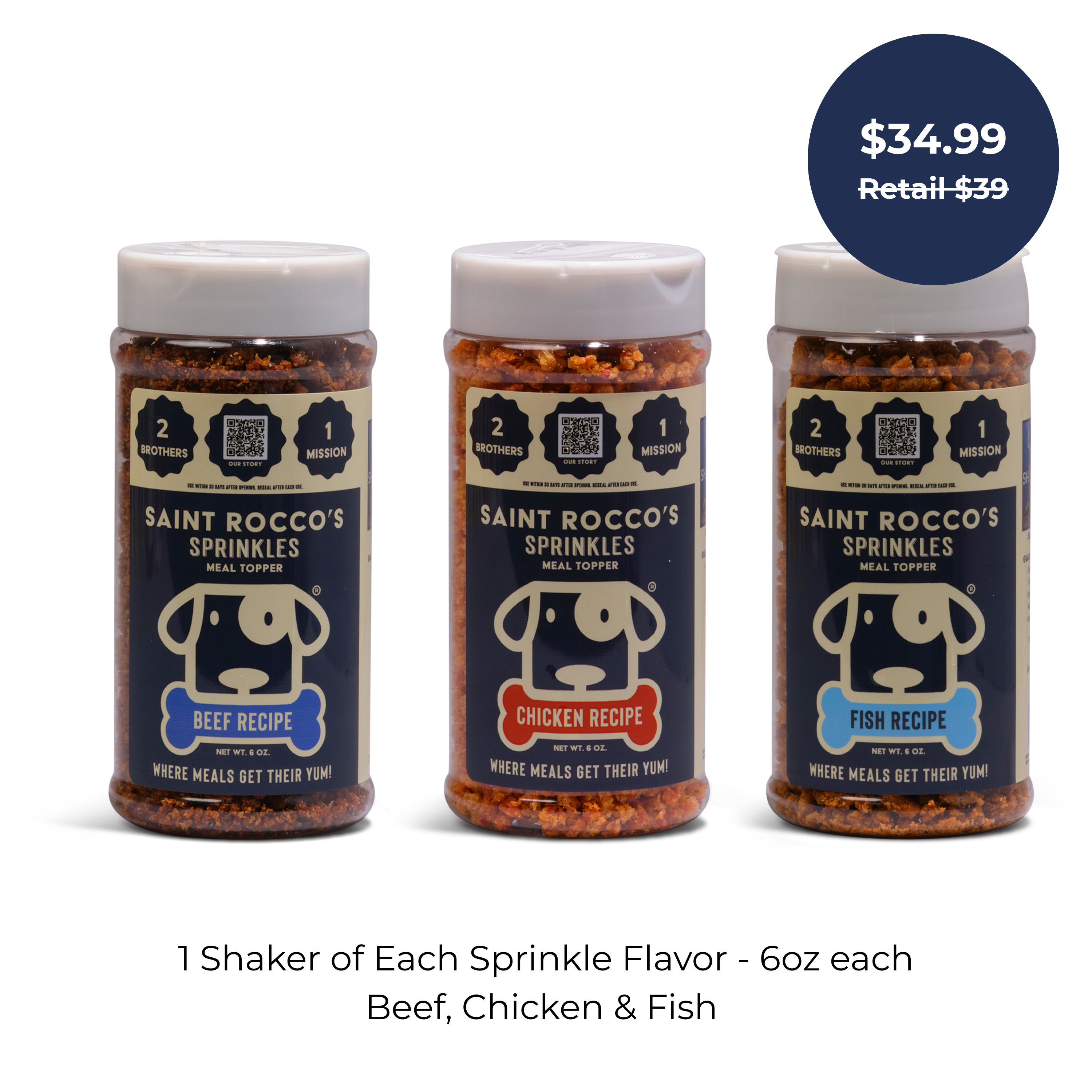 Three bottles of Saint Rocco's Treats Sprinkle Bundles in beef, chicken, and fish flavors are displayed side by side. Price is $34.99 (retail $39). Text highlights these artisan dog treats and their delicious variety.