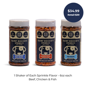 Three bottles of Saint Rocco's Treats Sprinkle Bundles in beef, chicken, and fish flavors are displayed side by side. Price is $34.99 (retail $39). Text highlights these artisan dog treats and their delicious variety.