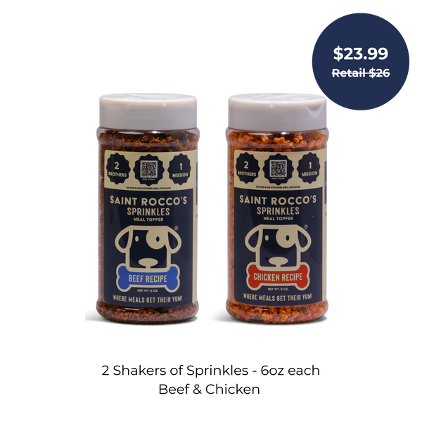 Two bottles of Saint Rocco's Treats Sprinkle Bundles, 6oz each (Beef & Chicken), for $23.99 (retail $26). “2 Shakers of dog food toppers - 6oz each, Beef & Chicken.”.