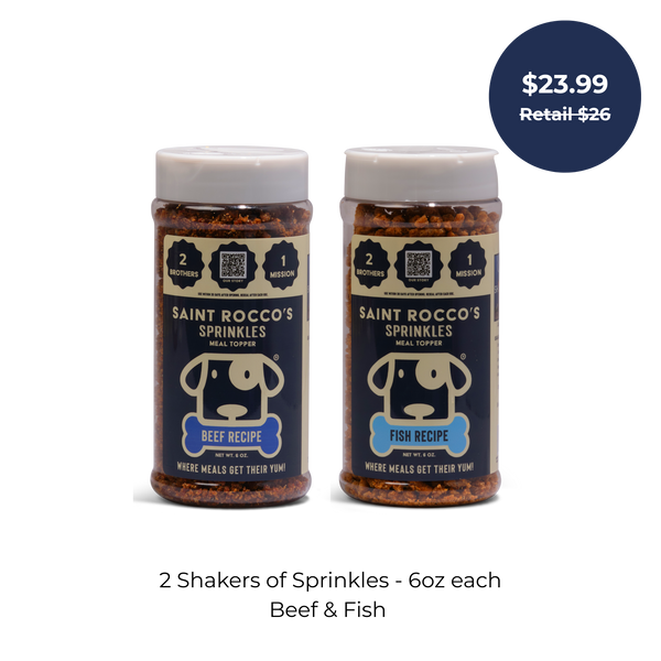 Two 6oz dog food toppers—Beef & Fish—from Saint Rocco's Treats Sprinkle Bundles are displayed side by side. Price tag shows $23.99 (Retail $26).