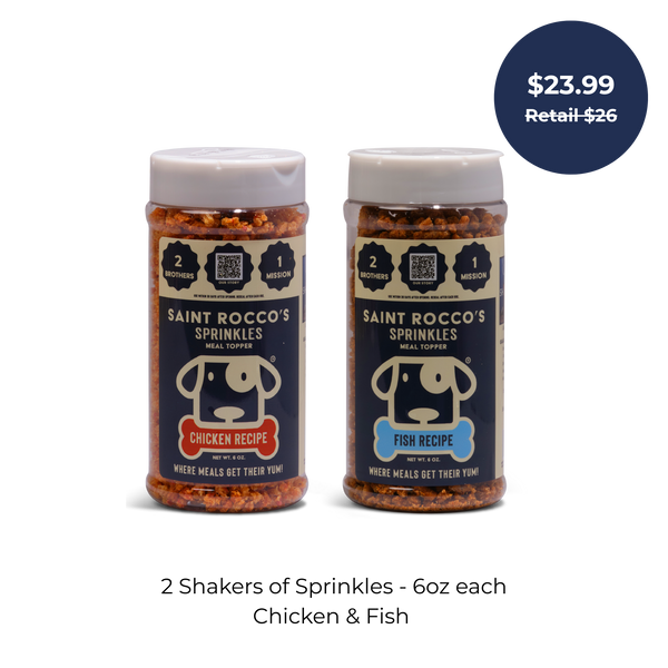 Two 6oz shakers of Saint Rocco's Treats Sprinkle Bundles—one chicken, one fish—are shown side by side with a $23.99 price tag ($26 retail). Text below highlights these delicious dog food toppers.