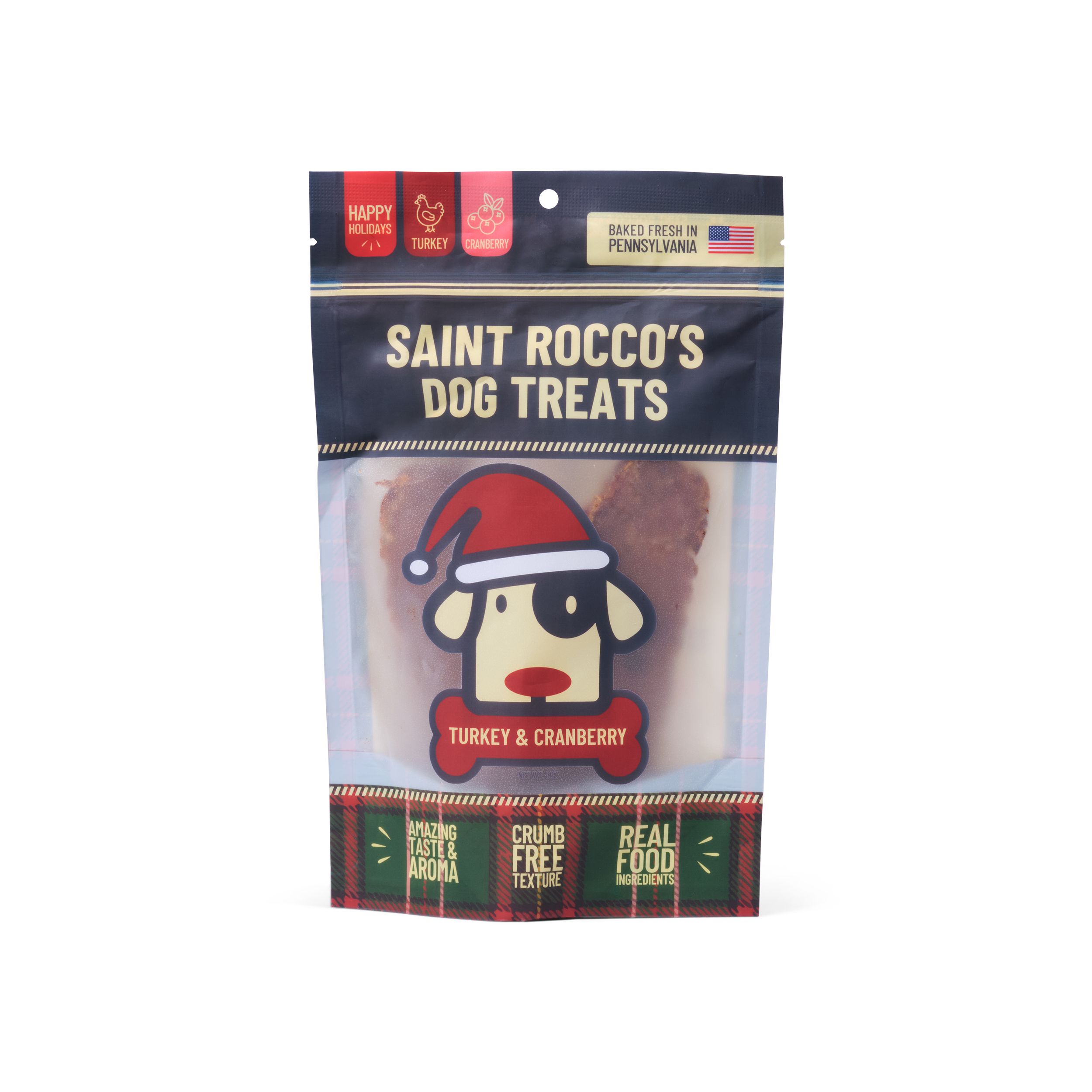 Saint Rocco's Dog Treats Turkey Cranberry packaging with a cartoon dog wearing a Santa hat on a white background
