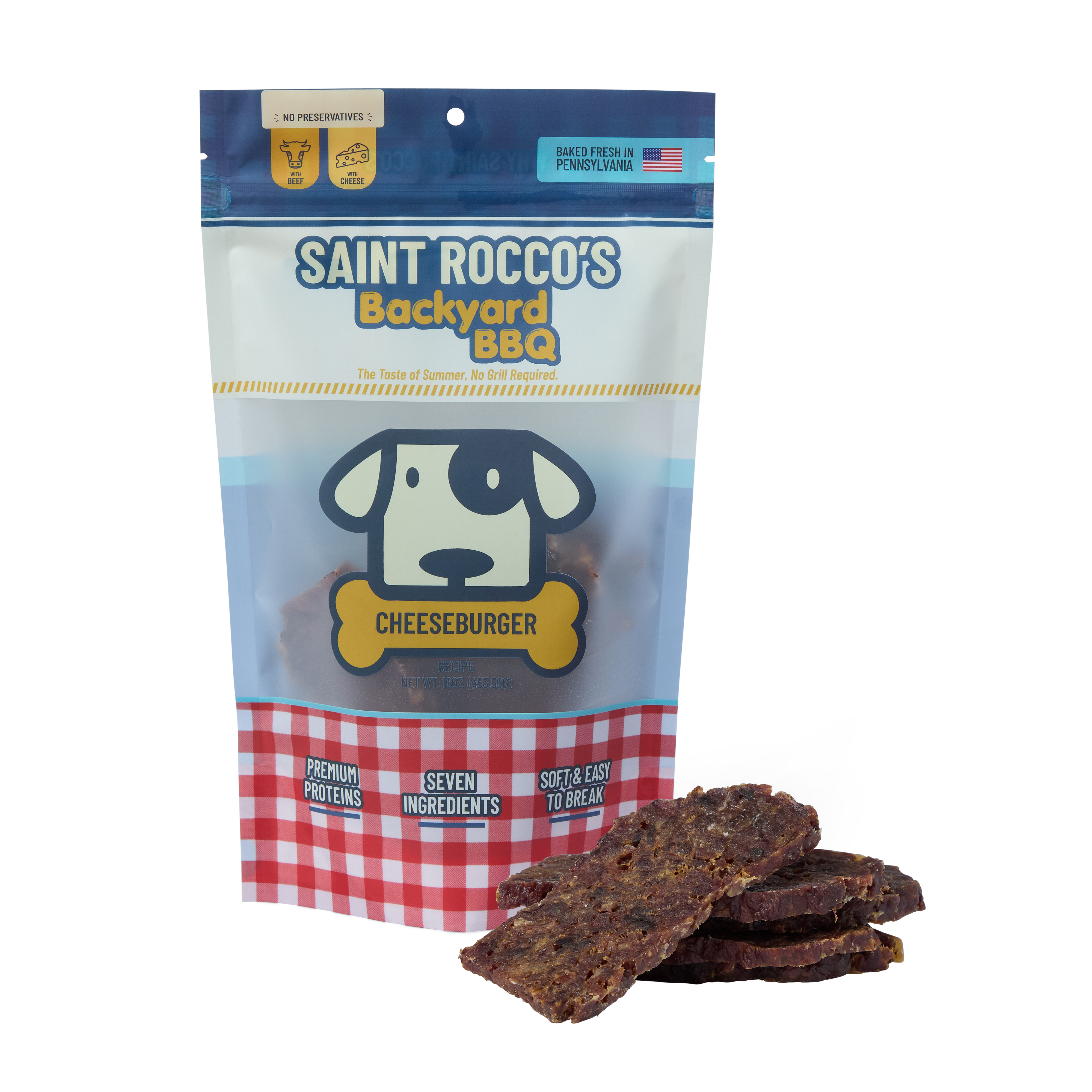 Saint Rocco's Backyard BBQ Cheeseburger dog treat package with treats in front