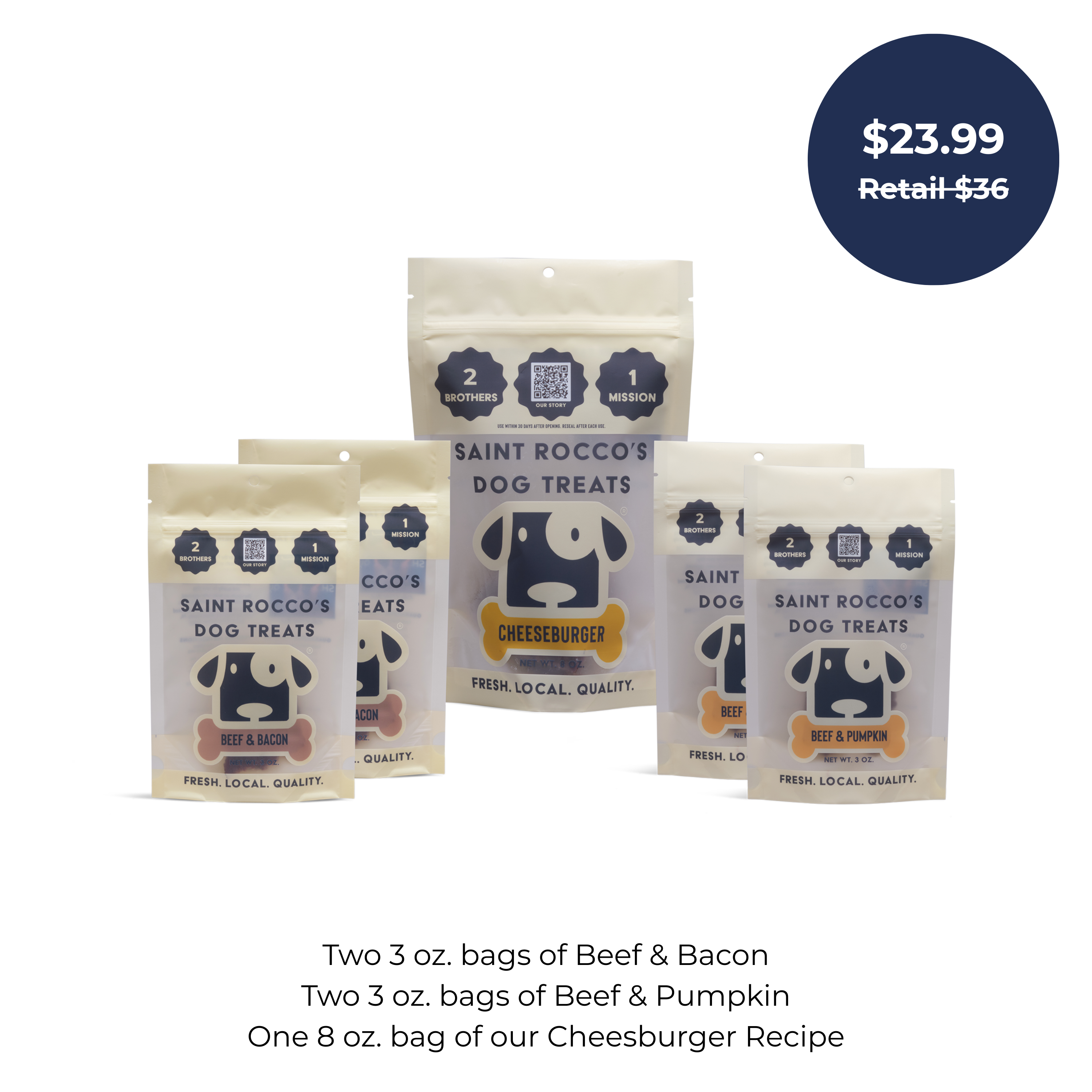The Saint Rocco's Starter Pack by Saint Rocco's Treats features five bags in Beef & Bacon, Beef & Pumpkin, and Cheeseburger flavors for $23.99 (retail $36), with details shown below the image.