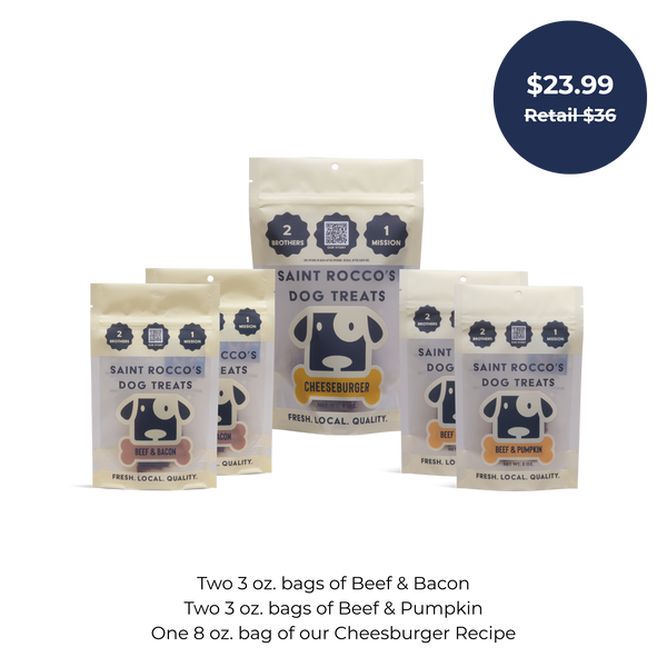 The Saint Rocco's Starter Pack by Saint Rocco's Treats features five bags in Beef & Bacon, Beef & Pumpkin, and Cheeseburger flavors for $23.99 (retail $36), with details shown below the image.