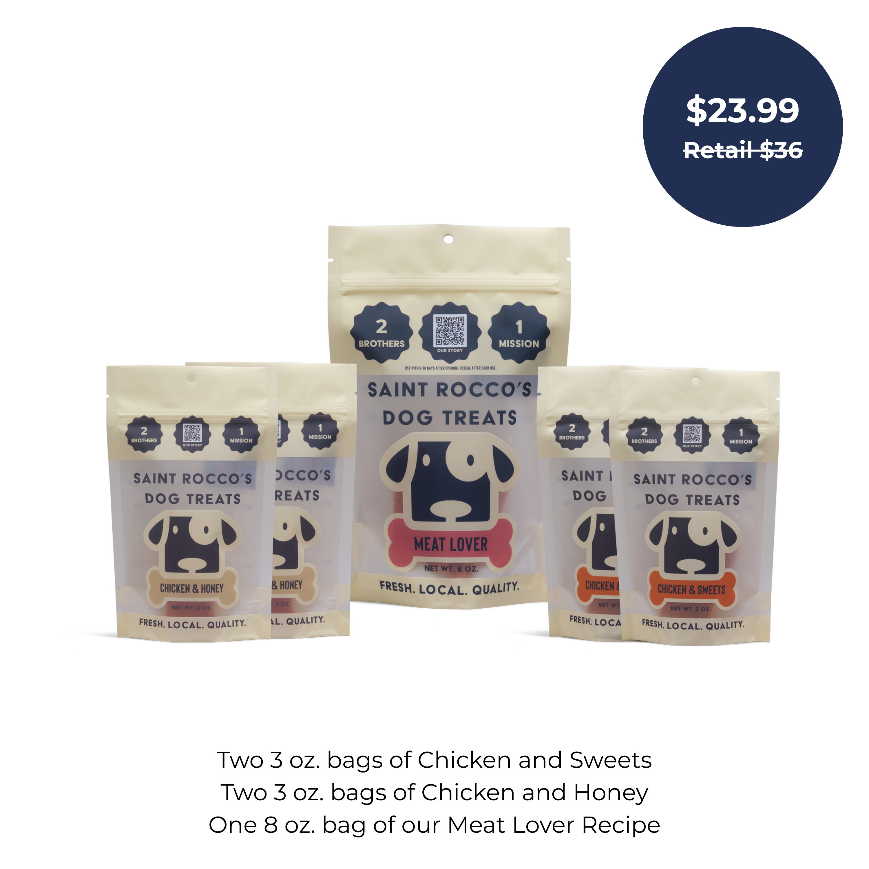 The Saint Rocco's Starter Pack by Saint Rocco's Treats includes five artisanal dog treat bags in Chicken & Sweets, Chicken & Honey, and Meat Lover recipes for $23.99 (regularly $36). See product details below.