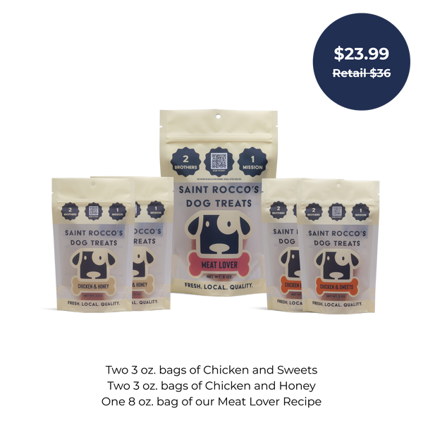The Saint Rocco's Starter Pack by Saint Rocco's Treats includes five artisanal dog treat bags in Chicken & Sweets, Chicken & Honey, and Meat Lover recipes for $23.99 (regularly $36). See product details below.