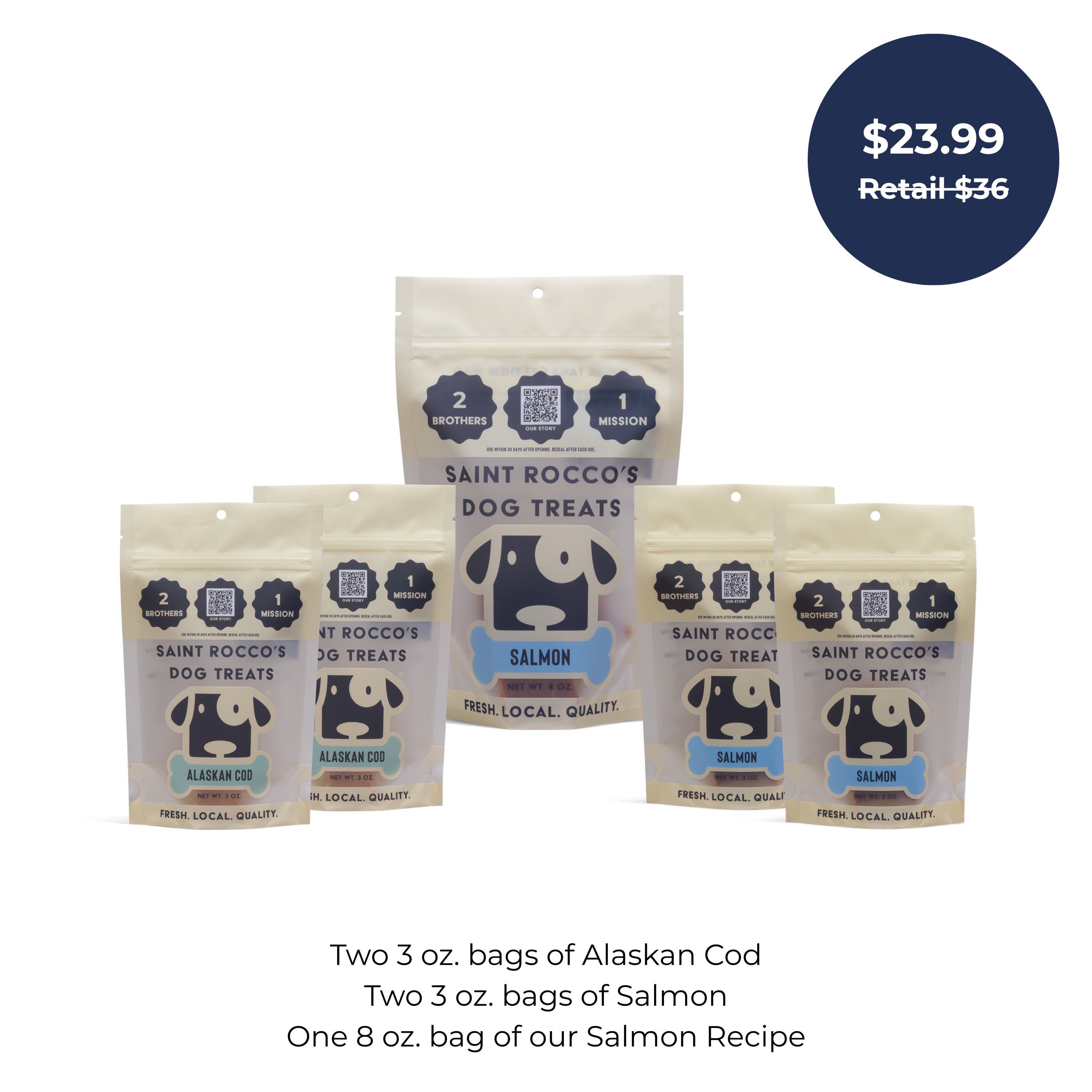 Saint Rocco's Treats Starter Pack includes five artisanal dog treat bags (three Salmon, two Alaskan Cod) for $23.99 (retail $36)—the perfect set to start treating your pup!.