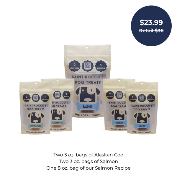 Saint Rocco's Treats Starter Pack includes five artisanal dog treat bags (three Salmon, two Alaskan Cod) for $23.99 (retail $36)—the perfect set to start treating your pup!.