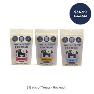 Saint Rocco's Treats Training Bundle: three 8oz bags in Meat Lover, Cheeseburger, and Salmon flavors. Blue circle features $34.99 (retail $40). Text below reads “3 Bags of Treats – 8oz each.”.