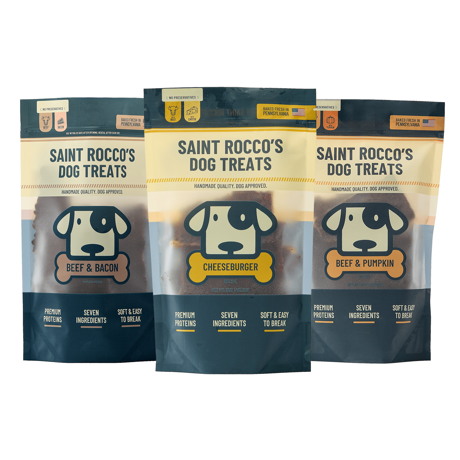 Saint Rocco's beef & bacon, beef & romano cheese and beef & pumpkin 16oz bag treats bundled together.