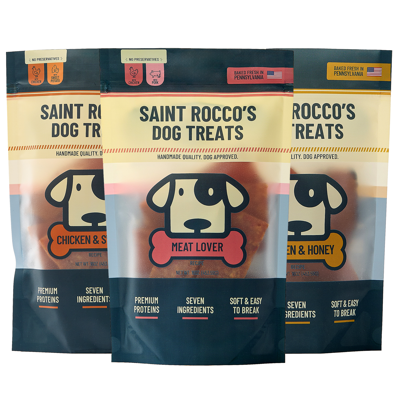 Saint Rocco's ultimate bundle of chicken & bacon, chicken & honey and chicken & sweet potato 16oz bag treats bundled together.