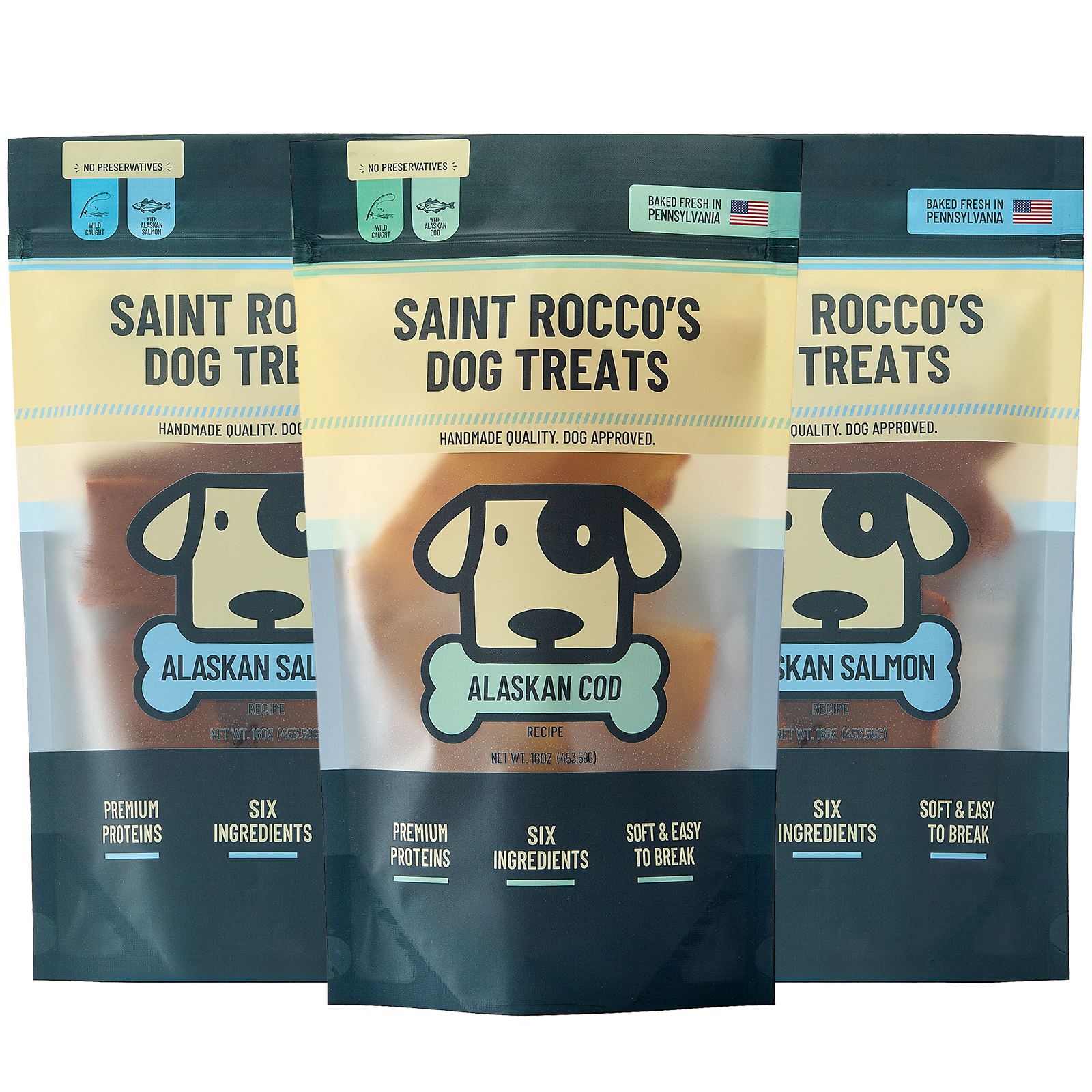 Bundle of Saint Rocco's alaskan salmon & cod. Two 16oz bags of salmon and one 16oz bag of cod treats bundled together.