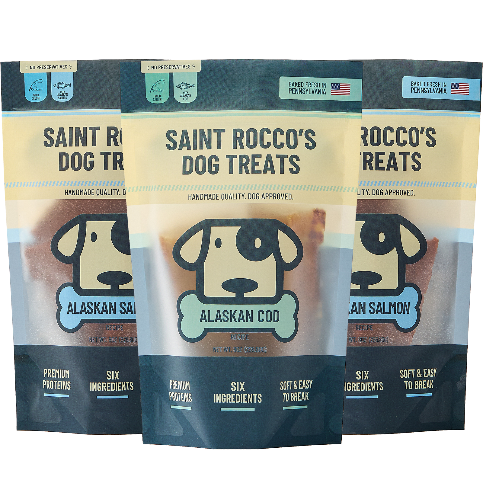 Saint Rocco's 3oz alaskan salmon and cod treats bundled together.