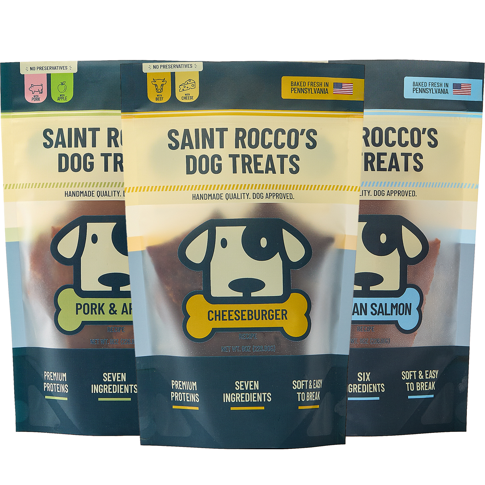 Saint Rocco's 3oz variety pack made up of Pork & Apple, Beef & Romano cheese and wild-caught alaskan salmon.
