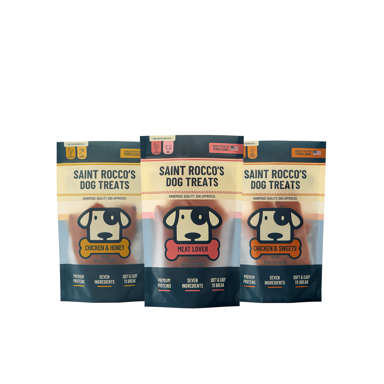 Saint Rocco's 3oz starter pack of chicken treats with chicken & honey, chicken & bacon and chicken & sweet potato bundled together. 