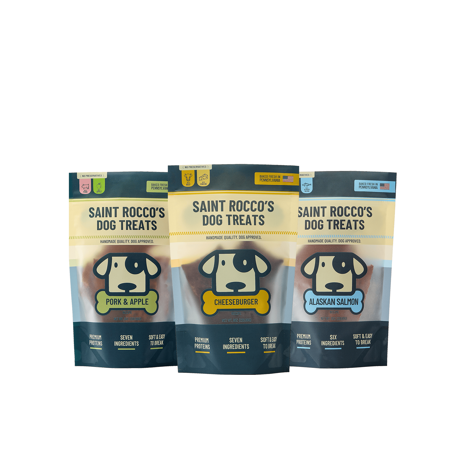 Saint Rocco's 3oz variety pack made up of Pork & Apple, Beef & Romano cheese and wild-caught alaskan salmon.