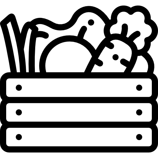 Black and white line drawing of a wooden crate filled with various vegetables, including a carrot, a tomato, and leafy greens.