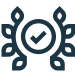 Dark blue icon of a check mark inside a circle, surrounded by symmetrical leaf shapes on both sides, resembling a badge or emblem, on a light background.
