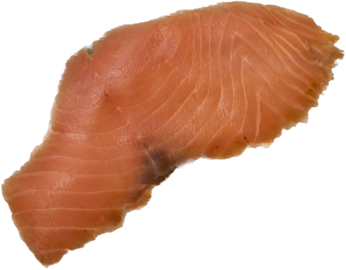 A slice of smoked salmon with visible marbling and a rich orange-pink color, isolated on a white background.